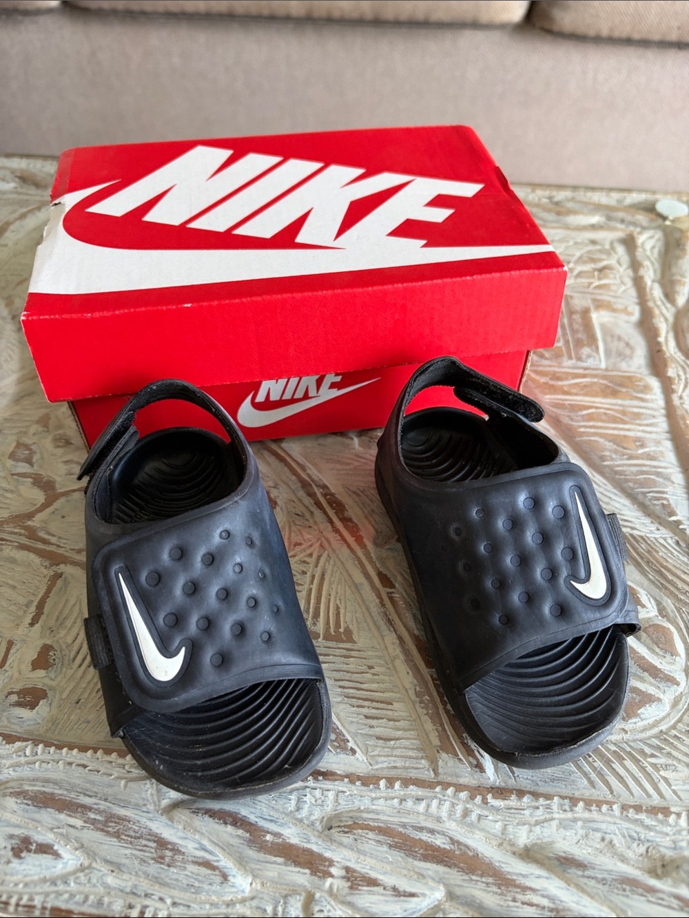 Nike Kids Black Slides with White Swoosh and Heel Strap